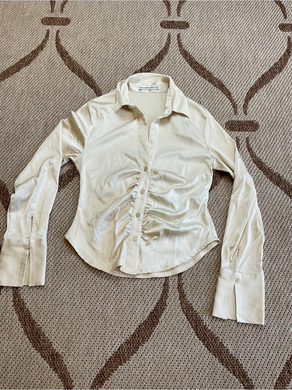 Abercrombie & Fitch Cream Satin Ruched Button-Up Top